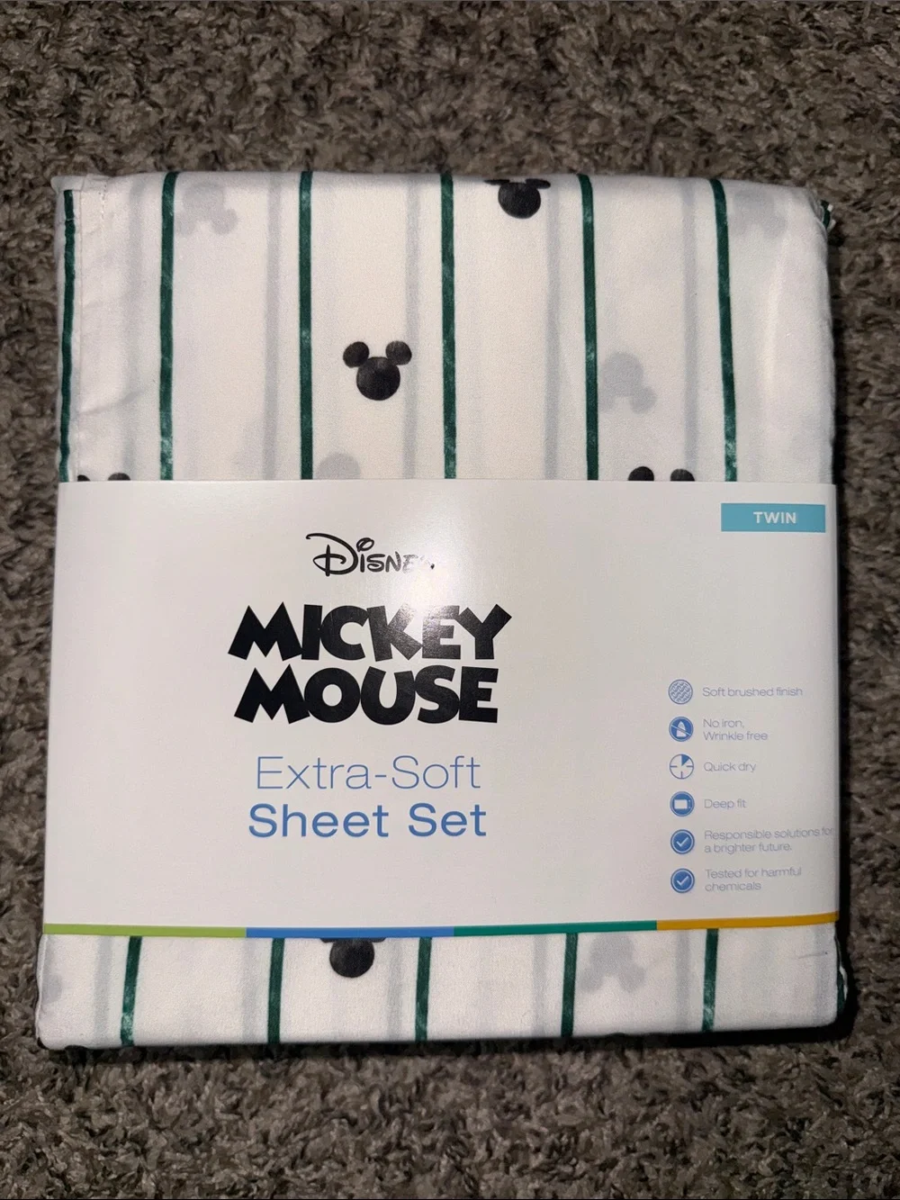 Disney White Sheet Set with Green Stripe and Black Mickey Heads